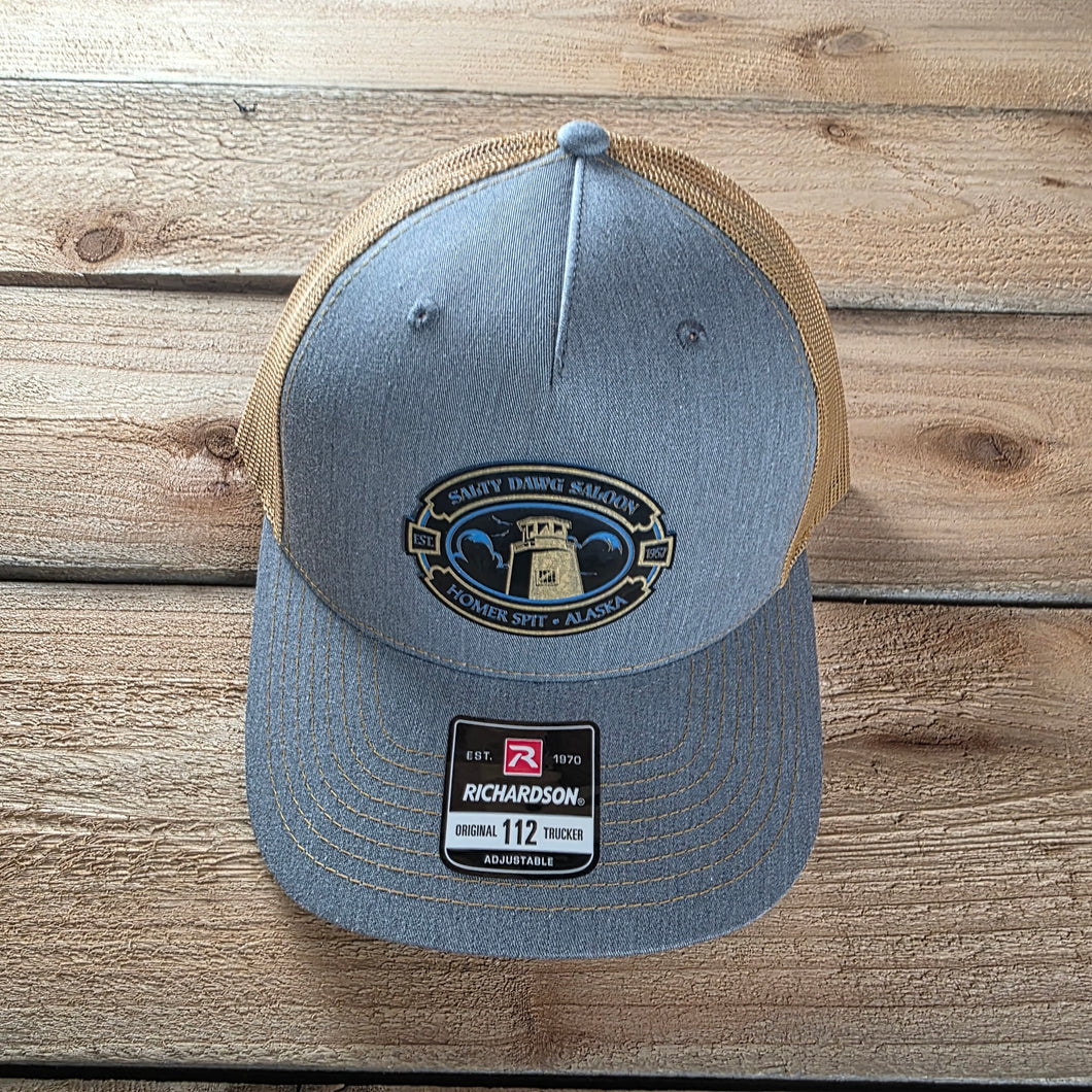 5 Panel Hat with Polysteel Patch Heather Gray and Amber Gold