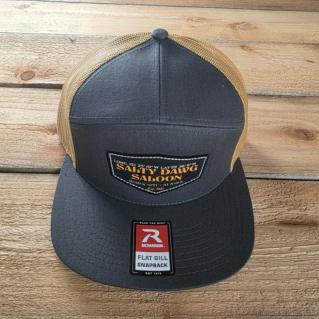 7 Panel Flat Front Cap Charcoal and Old Gold