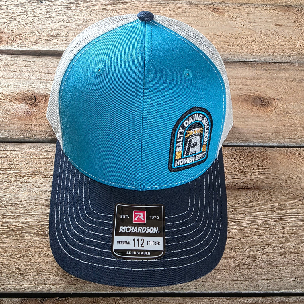 6 Panel Meshback Hat with offset patchBlue Teal, Birch, and Navy